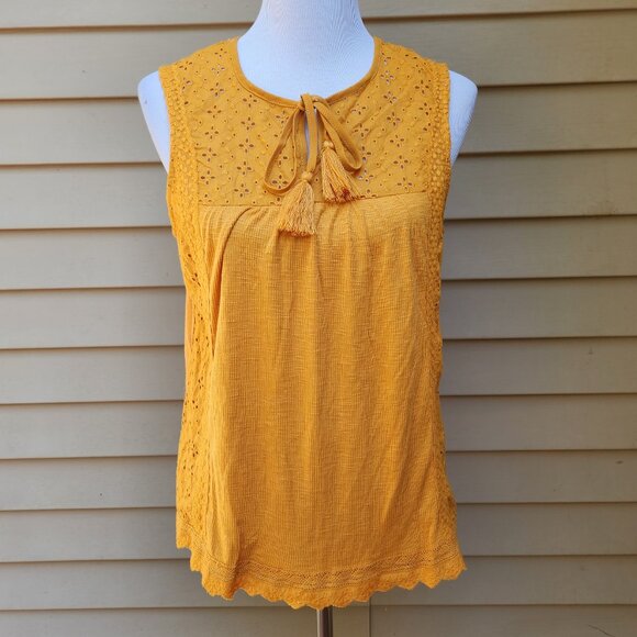 Knox Rose Mustard Yellow Mixed Media Blouse Eyelet Ribbed Tie-Neck Tassel - Picture 3 of 13